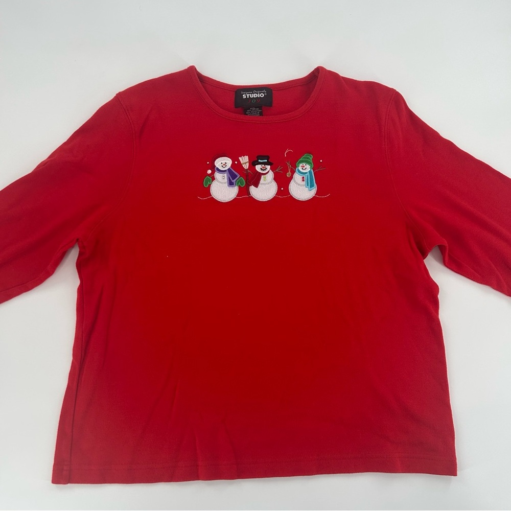 Vintage Red Embroidered Snowman Long Sleeve Shirt